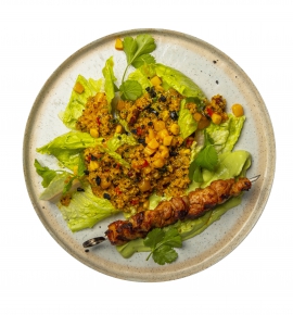 Salad with grilles chicken skewer and quinoa